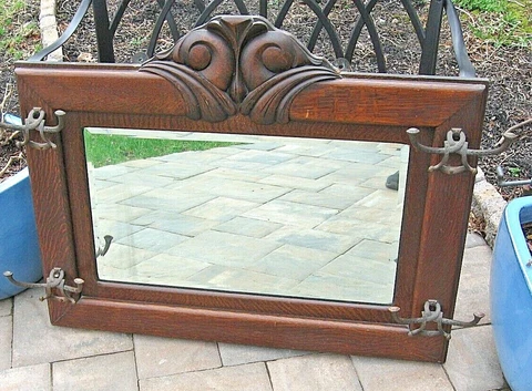 Antique VICTORIAN QUARTERSAWN TIGER OAK Hanging Hall Beveled  MIRROR Hat  RACK Cover