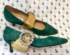 NEW! LK Bennett UK4 Eur37 green suede (leather) and gold shoes with diamantés - Picture 1 of 18