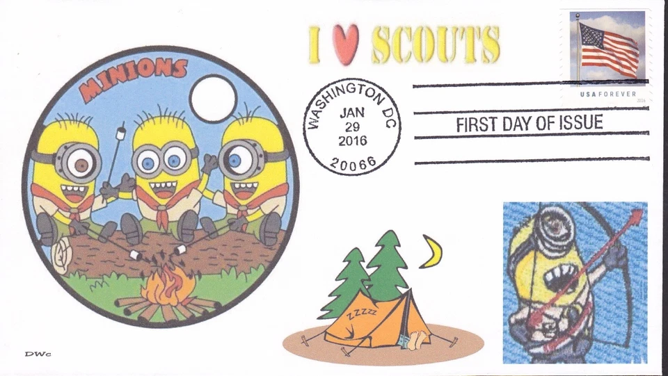 BSA -MINIONS - I LOVE SCOUTS  CAMPFIRE ARCHERY CAMPING BOY SCOUTS FDC-DWc CACHET - Image 1 of 1