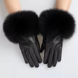 Women Lambskin Leather Gloves With Fox Fur Trim Cuff Winter Warm Warm Gloves - Picture 1 of 18
