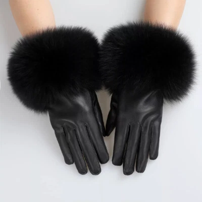 Women Lambskin Leather Gloves With  Fox Fur Trim Cuff Winter Warm Warm Gloves - Image 1 of 4