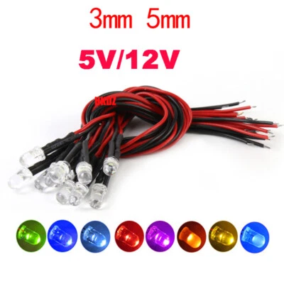 DC 5V~12V 3mm/5mm LED Bulb Pre wired Light Emitting Diodes Small 20cm Wire 0.1W - Image 1 of 4
