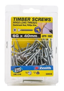 Zenith HINGE-LONG THREAD TIMBER SCREWS 6Gx40mm 100Pcs Countersunk, Zinc Plated - Picture 1 of 1