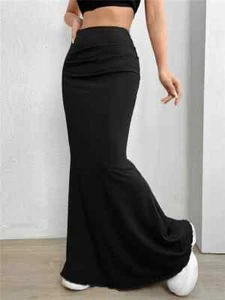 Solid Ruched Long Skirt Women Sexy Elastic Elegant High Waist Maxi Skirts - Bild 1 von 12