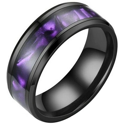 Synthetic Amethyst Ring Black Stainless Steel Purple Wedding Band Mens Womens - Image 1 of 4