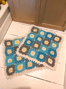 PAR"" DE FUNDAS DE COJÍN DE GANCHILLO 100 % ALGODÓN HECHAS A MANO DE LA India - azul/gris - Imagen 1 de 12