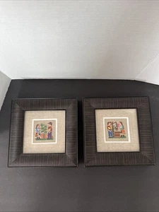 Set of 2 Framed Needlepoint Artworks – Ethnic Folk Scene – Hand Embroidered - Picture 1 of 7