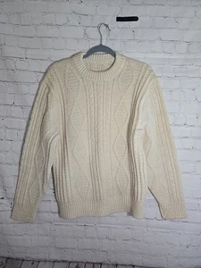 Vintage handgestrickter Fischerpullover creme Zopfmuster Grobstrickpullover Rundhals M - Bild 1 von 6