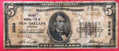 1929 $5 National Currency Type 2 Whitney National Bank Of New Orleans  G Details - Image 1 of 2