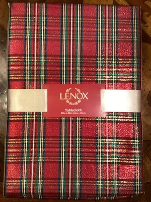 Lenox Holiday Nouveau Shimmery Red Tartan Plaid Tablecloth 60 x 84” OBLONG - Image 1 of 4
