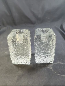 2 Blenko Kerzenständer Glas Eiswürfel klar 4" hoch quadratisch schwer - Bild 1 von 4