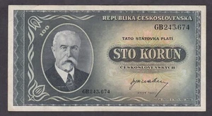 [XF, No tears or Holes] 1945 Czechoslovakia 100 Korun P-63a GB243674 [016-2] - Picture 1 of 2