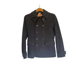 Sandro Men's Navy Cotton Blend Leather Trim Double Breasted Jacket • Size S  - Picture 1 of 6