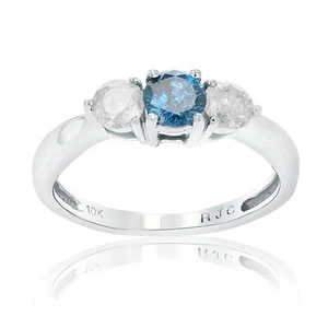 1 cttw 3 Stone Blue and White Diamond Engagement Ring in 10K White Gold Size 7 - Picture 1 of 7