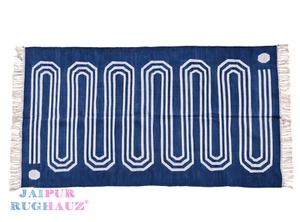 6x9 Blue White Dhurrie Handmade Cotton Area Rug Vintage Modern Indian Flatweave - Picture 1 of 4