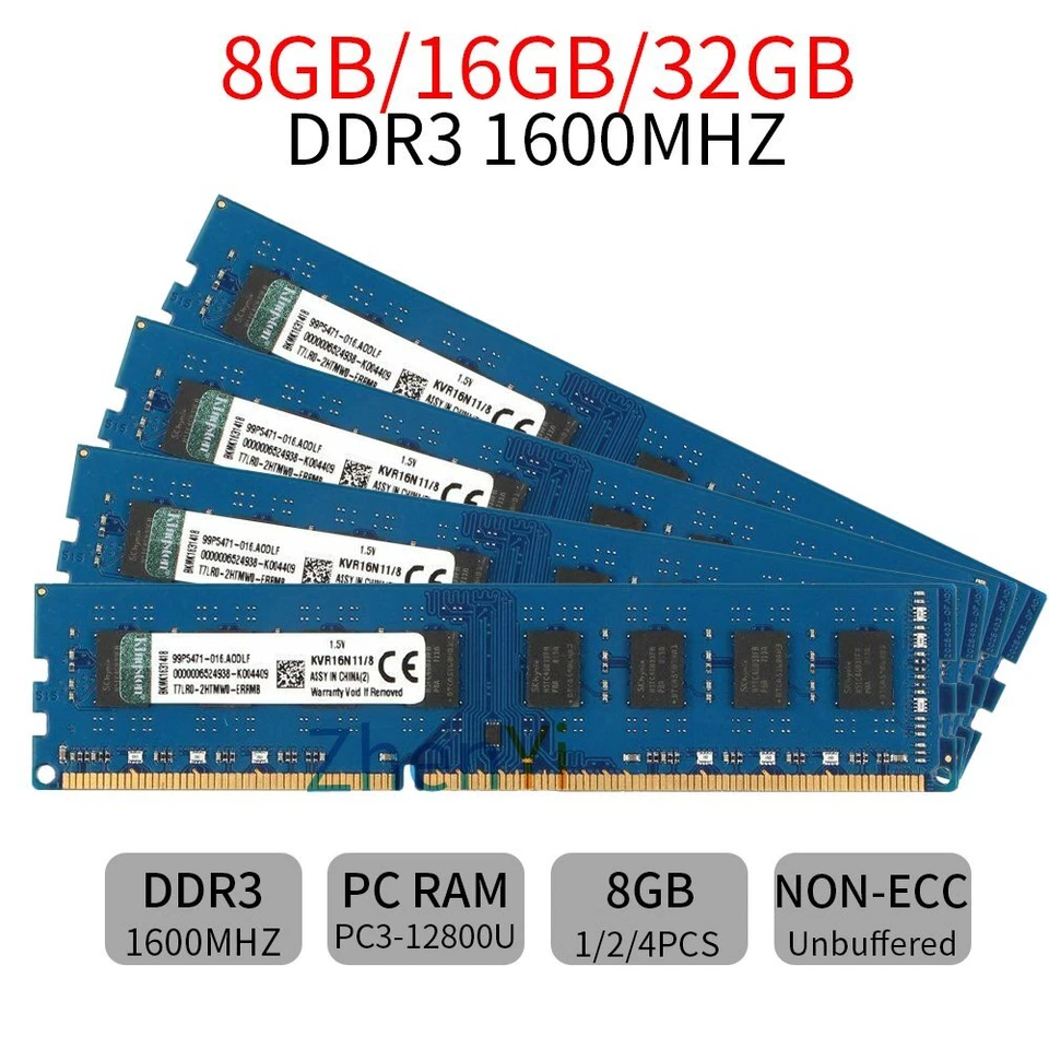 For Kingston 32GB 16GB 8GB DDR3 PC3-12800U KVR16N11/8 Blue Desktop RAM Lot UH - Image 1 of 4