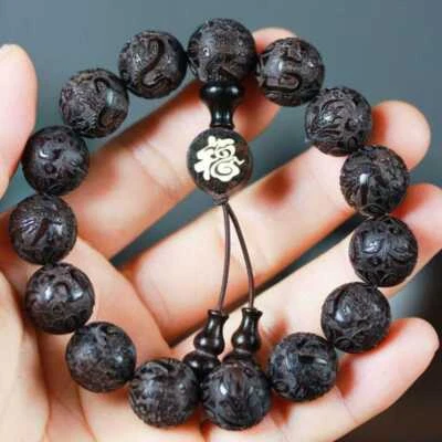 15MM Ebony Carved dragons phoenixes Cuff Mala  Lucky Bracelet Handmade - Image 1 of 4