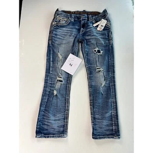 Rock Revival Zinfandel Straight Distressed Jeans Embellished Pockets 38 (36x32) - Picture 1 of 19