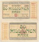 1923 PIRMASENS Weimar DEUTSCHLAND fast unzirkuliert 50 MILLIONEN MARK Notgeld HINWEIS