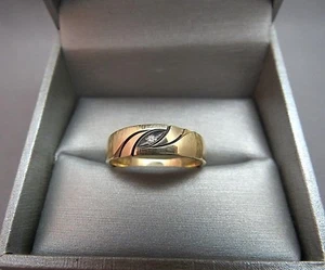 14K Yellow Gold Mens Diamond Ring Art Deco SZ 10.25 Band 4.3g Enamel Textured - Picture 1 of 11
