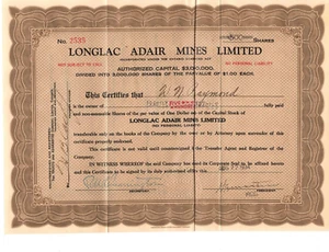 Longlac Adair Mines LTD 1934 Stock Certificate Canada Mining 500 Shares - Picture 1 of 2