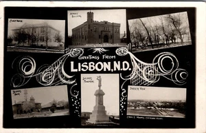 GREETINGS FROM LISBON NORTH DAKOTA MULTI VIEW 1909 OLD REAL PHOTO POSTCARD - Picture 1 of 2