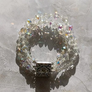 Vintage AB Klar Kristall Facettiert Perlen 3 Strang Armband Deko Strass Verschluss - Bild 1 von 9
