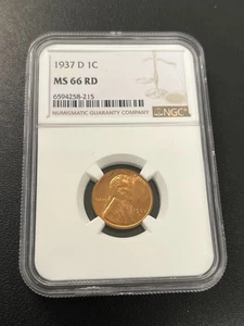 1937 D WHEAT CENT NGC MS-66 RD - UNCIRCULATED - RED WHEAT PENNY - CERTIFIED - 1C - Picture 1 of 2