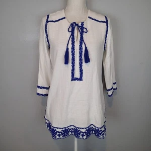 Soft Surroundings White Blue Embroidered Lace Tie Front Tunic Boho Top xs blouse - Picture 1 of 15