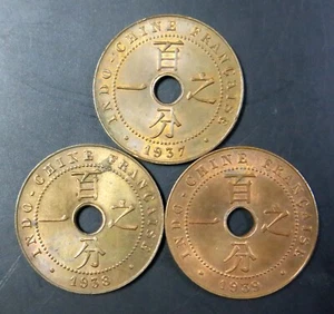 Indochina Vietnam 1937-38-39A Cent KM 12.1 - Lot of 3 Coins. High graded. - Picture 1 of 2