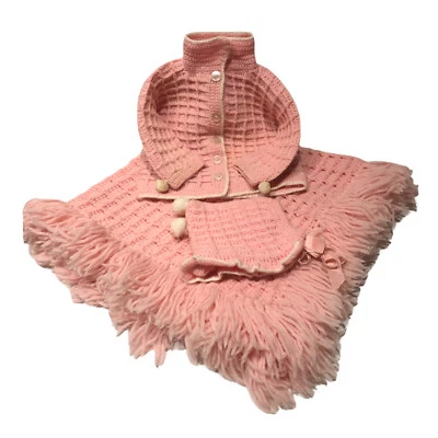 Granny Core Baby Shower Girl Blanket Sweater Hat Crochet Pink Poms Fringe Vtg - Image 1 of 4