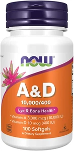 NOW Foods Vitamin A & D 10,000/400 IU, Eye and Bone Health, 100 Softgels - Picture 1 of 8