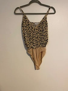 Wayf Womens Leopard Print Bodysuit XS Beige & Black Mock Wrap Front - Picture 1 of 8