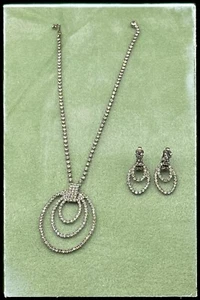 Rhinestone Necklace Earrings Set Mod Multiple Open Ovals Mid Century - Picture 1 of 12