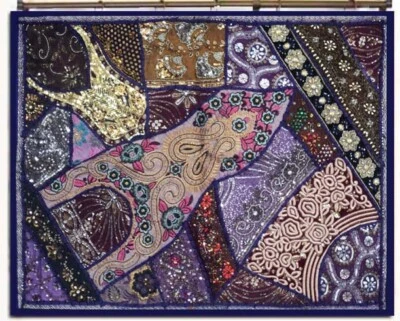 35" HUGE CRAZY QUILT DECOR SARI NECK PATCH GIFT FOR HER TAPESTRY WALL HANGING - Image 1 of 4