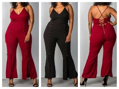 Red Jumpsuit Plus Size Red Wide Leg Jumpsuit Spaghetti Strap Jumpsuit Red Romper - Image 1 of 3