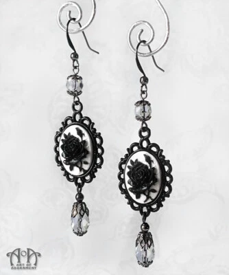 Victorian Gothic BLACK WHITE ROSE CAMEO EARRINGS Beaded Dangle Gunmetal Drop - Image 1 of 2