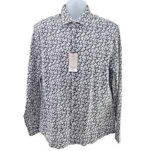 Mango Men's Floral Print Cotton Shirt Long Sleeve Slim Fit Size L, Black RRP £49 - Picture 1 of 18