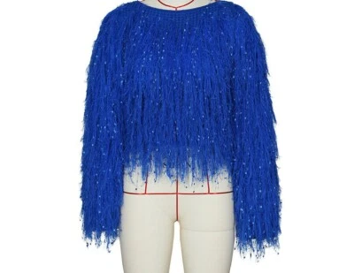 QUIRKY GOTH PARTY ROYAL ELECTRIC BLUE LONG SLEEVE CROP SWEATER DOT FRINGES XL - Image 1 of 4