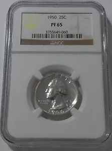 1950 NGC PF65 SILVER PROOF WASHINGTON QUARTER EXCELLENT EYE APPEAL OLD WHITE LBL - Picture 1 of 3