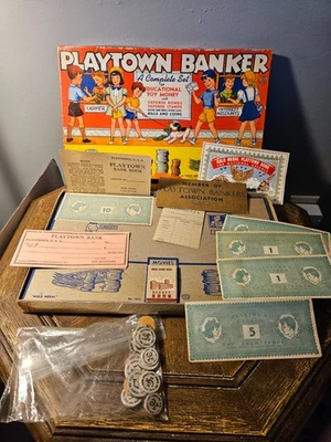 Vintage 1940s Transogram Playtown Banker Educational Play Money original box  - Image 1 of 4