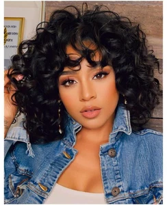 Short Curly Wigs for Black Women Soft Black Short Curly Wig with Bangs Afro L... - Bild 1 von 6