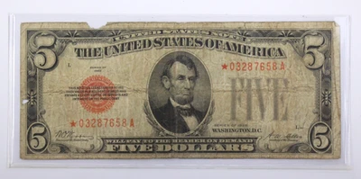 1928 $5 nota estrela selo vermelho cinco dólares FR1525 - Imagem 1 de 3