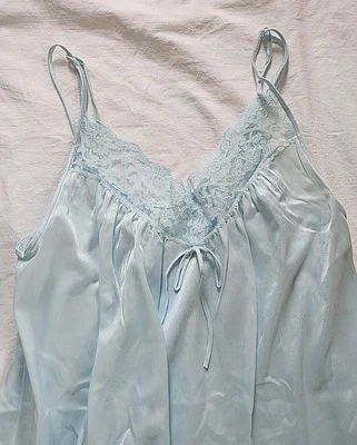 Vintage Movie Star Nightie Nightgown Nylon Blue Lace Trim Long Sz M USA - Image 1 of 4