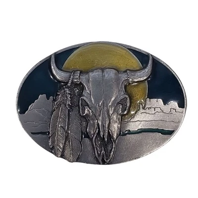 VTG Arroyo Grande Belt Buckle Skull Feathers AG Silver Enamel Western Cowboy USA - Image 1 of 4
