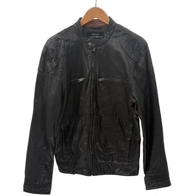 Jaqueta Lucky Brand couro de cabra motocicleta etiqueta preta masculina média - Imagem 1 de 4