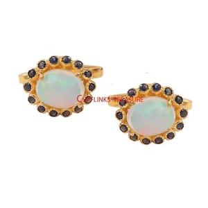Natural Ethiopian Opal & Sapphire Gemstones 925 Sterling silver Cufflinks #899 - Picture 1 of 3