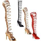 Womens Ladies Thigh High Lace Up Stiletto Heels Sandals Sexy Party Boots Size Uk
