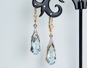 585 Gold - antike Art Deco Ohrringe - ca. 5.00 ct Aquamarine - Diamanten - Bild 1 von 7