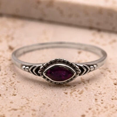 925 Sterling Silver Ladies Boho Ring Marquise Ruby Gemstone Jewellery Gift - Image 1 of 4